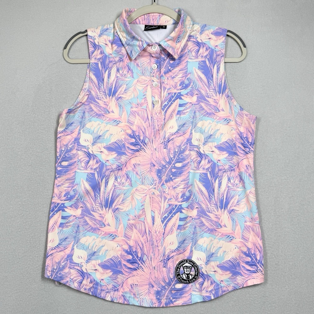 Sunday Swagger Polo Shirt Women Medium Palm Floral French Lick Golf Course‎ Logo